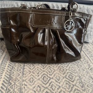 Coach Glossy Patent Leather Tote in Dark Brown